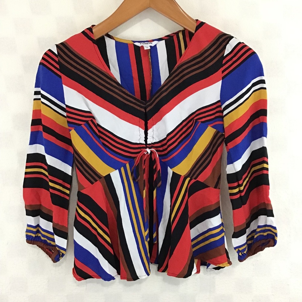 Express Women Multicolor Striped Tie Front Peplum Blouse V-Neck 3/4 Sleeve Small